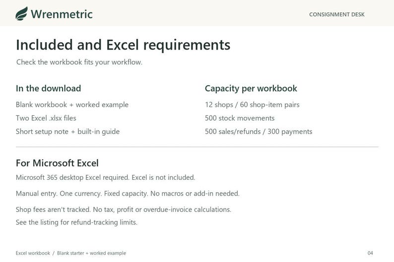 Includes blank and example Excel workbooks plus guidance. Microsoft 365 desktop Excel required, not included. Fixed capacity: 12 shops, 60 shop-item pairs, 500 movements, 500 sales/refunds and 300 payments. Manual entry, one currency; no macros or add-in. Shop fees aren't tracked. No tax, profit or overdue-invoice calculations. Refund limits are in the listing.