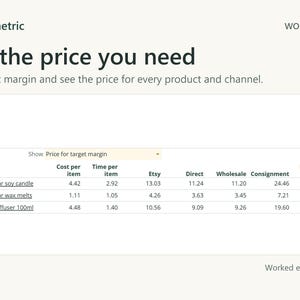 Price list showing the price for a 30% target margin. The candle needs 13.03 on Etsy, 11.24 direct, 11.20 wholesale and 24.46 on consignment.