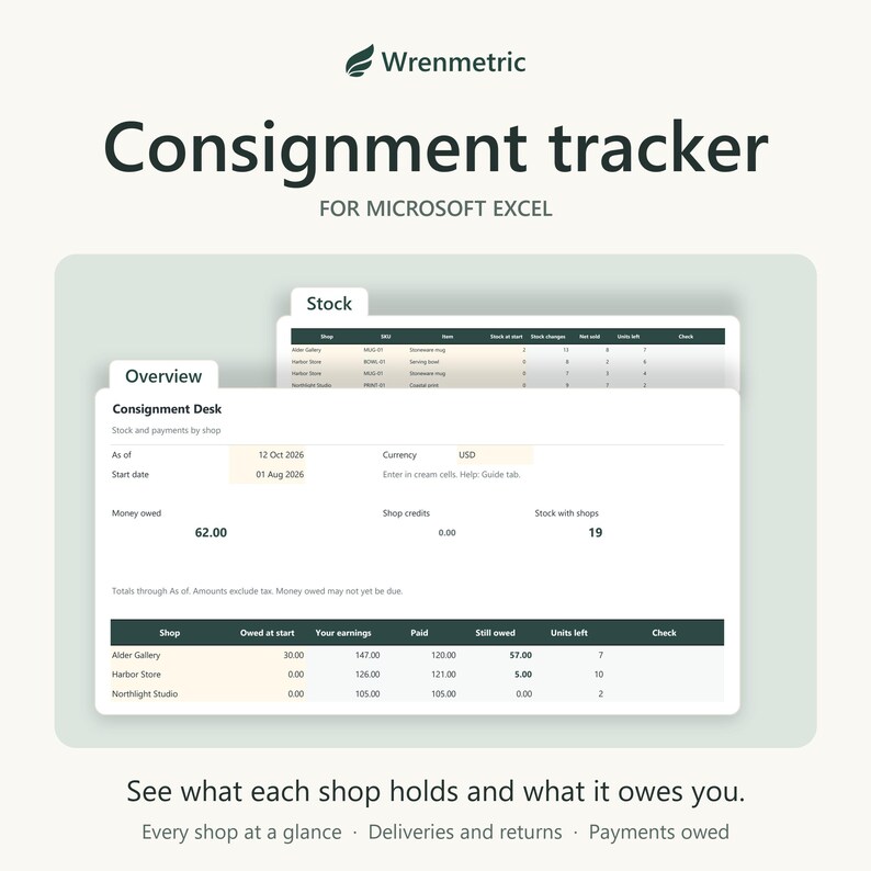 Consignment tracker for Microsoft Excel by Wrenmetric. The Overview tab shows money owed and stock held by each shop, with the Stock tab behind.