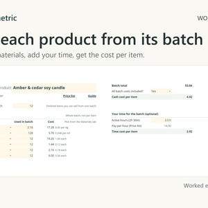 Product tab for 12 fictional soy candles. Wax, fragrance, jars, wicks, labels and cartons picked from the Materials list total 53.04, a cash cost of 4.42 per item. 2.5 hours of time adds 2.92 per item.