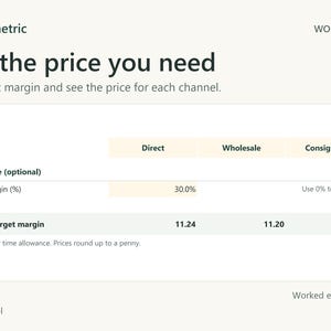 Target price section: a 30% margin needs 11.24 direct, 11.20 wholesale and 24.46 on consignment, including the time allowance.