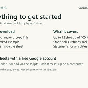Download includes a PDF with your make-a-copy link, a link to a worked example and a quick guide inside the sheet. Covers up to 12 shops and 100 items. Needs Google Sheets with a free Google account.