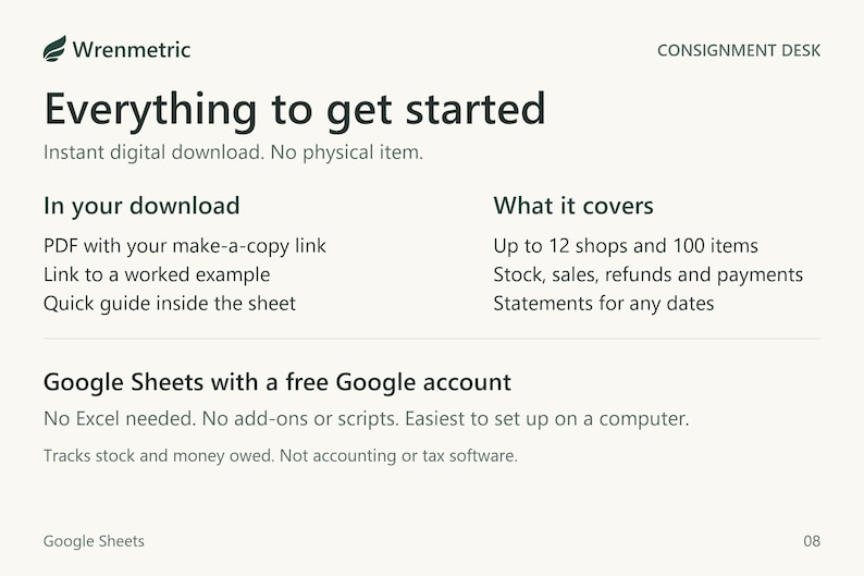 Download includes a PDF with your make-a-copy link, a link to a worked example and a quick guide inside the sheet. Covers up to 12 shops and 100 items. Needs Google Sheets with a free Google account.