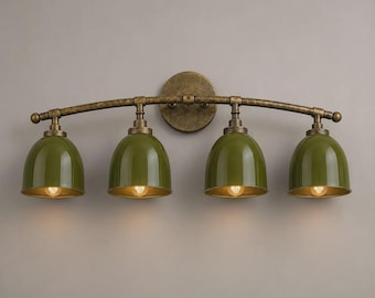 Aplique de pared antiguo de latón verde, lámpara de pared de 4 luces, lámpara de tocador de baño vintage, lámpara de latón hecha a mano, iluminación para dormitorio y pasillo.