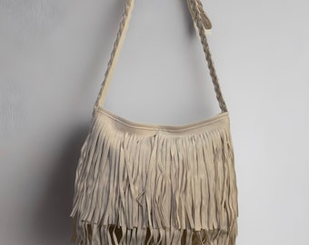 Cream Fringe Purse, Boho Crossbody Southwestern Bag, Suede Fringe Purse, Native American Style Cross Body Bag