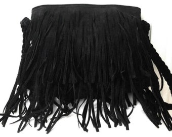 Black Fringe Purse, Boho Crossbody Southwestern Bag, Suede Fringe Purse, Native American Style Cross Body Bag, Handmade