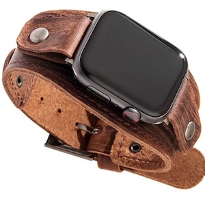 Genuine Leather Apple Watch Cuff,  iWatch Band, Leather Wristband, Brown & Black Leather, Put Your Own Apple Watch 37”-40” / 42”-45”