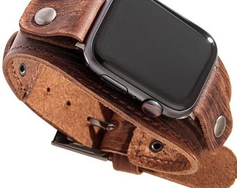 Genuine Leather Apple Watch Cuff,  iWatch Band, Leather Wristband, Brown & Black Leather, Put Your Own Apple Watch 37”-40” / 42”-45”