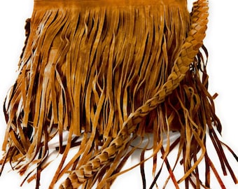 Camel Brown Fringed Purse, Boho Cross body Southwestern Bag, Suede Fringe Purse, Native American Style Crossbody Bag for Women