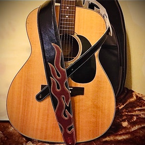 Leather Guitar Strap, Flame Design Belt for Acoustic and Electric Guitar, Unique Guitar Player Guitar Strap Gift