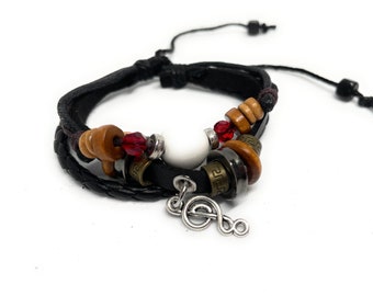 Musical Charm Bracelet, Beaded Leather Bracelet, Cool Everyday Jewelry, Genuine Leather Knot, Unisex Handmade Bracelet