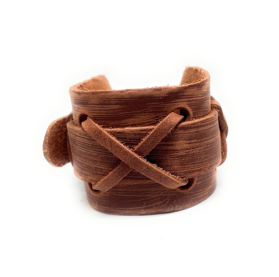 X Leather Cuff, Brown Wide Leather Bracelet, Adjustable Genuine