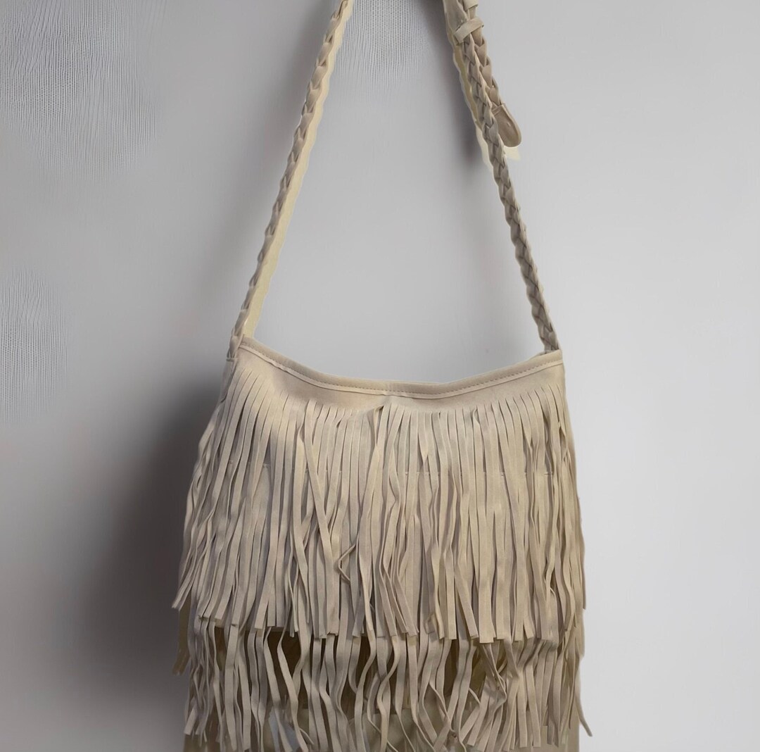 Cream Fringe Purse, Boho Crossbody Southwestern Bag, Suede Fringe Purse