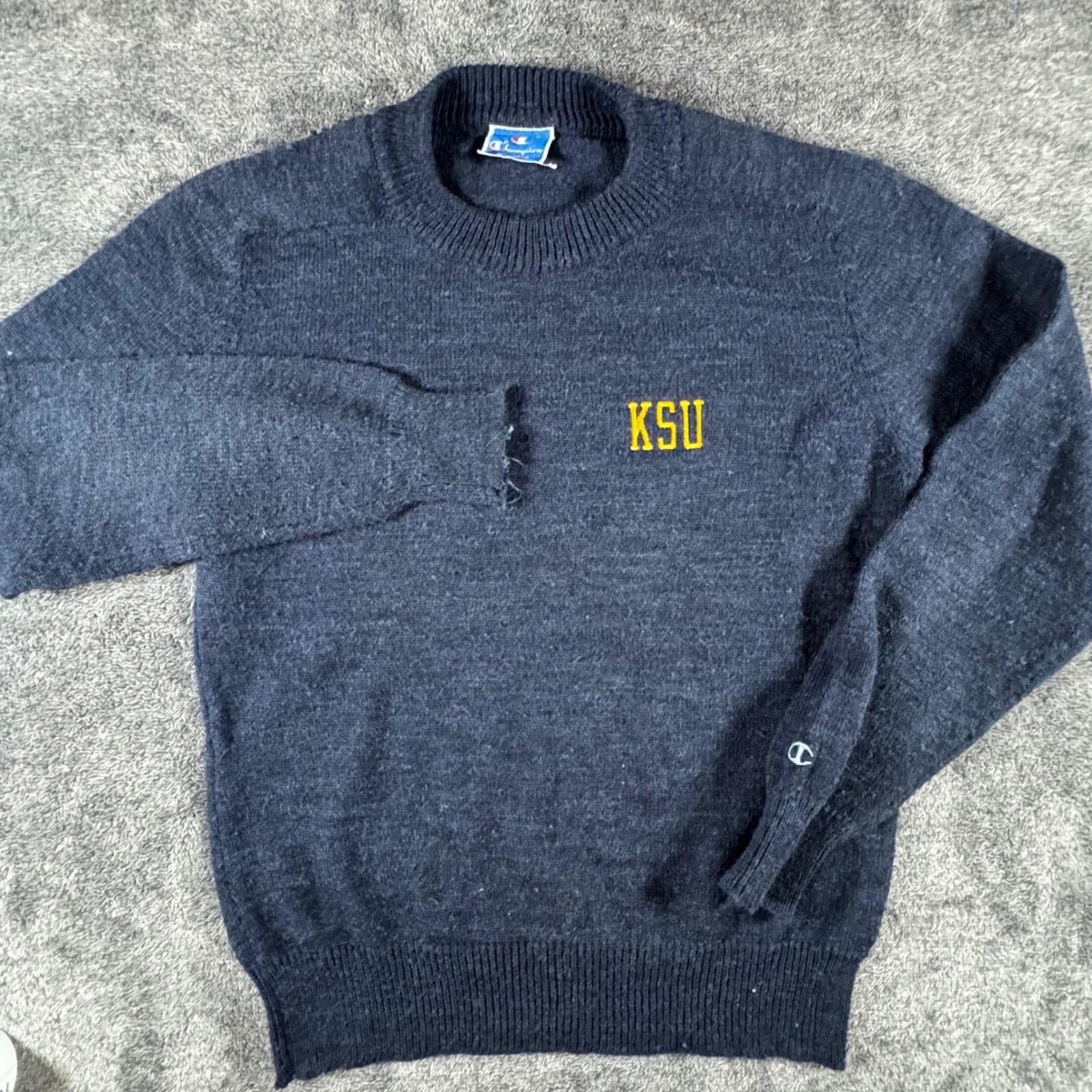 Champion, Vintage Champion KSU Navy Blue Crewneck Sweater Knit Collegiate Distressed