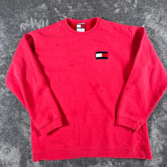 Tommy Hilfiger, 1990s Tommy Hilfiger Red Crewneck Sweatshirt Mens Medium Made in USA Flag Logo