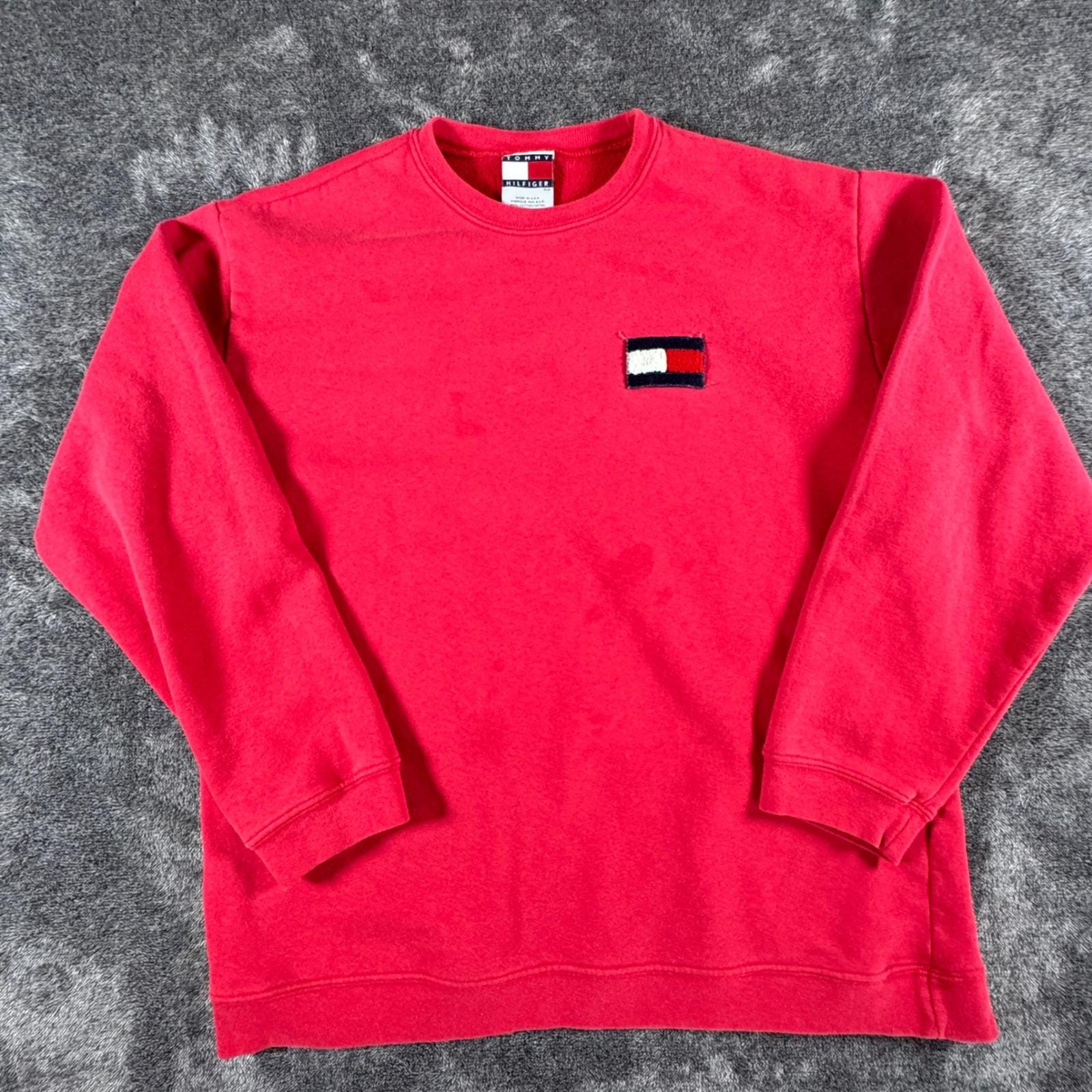 Tommy Hilfiger, 1990s Tommy Hilfiger Red Crewneck Sweatshirt Mens Medium Made in USA Flag Logo