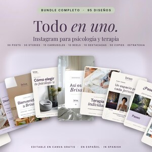 May include: A digital marketing bundle for psychology and therapy Instagram accounts, featuring 95 editable templates. The text includes 'Todo en uno', 'Instagram para psicología y terapia', and various post titles like 'Cómo elegir tu psicólogo/a'.