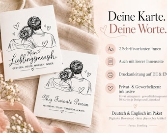Könnte beinhalten: Zwei weiße Grußkarten mit einer schwarzen Strichzeichnung eines Paares, das sich aneinanderlehnt, mit Herzen. Eine Karte zeigt den Text Mein Lieblingsmensch. Gestern, heute, morgen, immer. Die andere My Favorite Person. Yesterday, today, tomorrow, always.