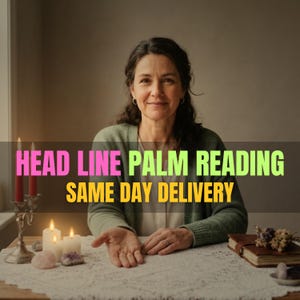 Może przedstawiać: Osoba w zielonym kardiganie z napisem HEAD LINE PALM READING SAME DAY DELIVERY. Scena zawiera dwie zapalone świece w srebrnym świeczniku, dwie dodatkowe zapalone świece, kryształy oraz zamkniętą książkę na białym koronkowym obrusie.