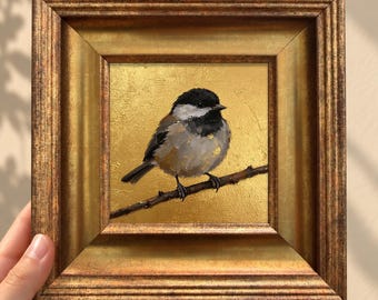 Black-Capped Chickadee Painting, Hand-Painted Oil Painting, Gold Background