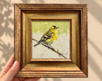 Hand-Painted Impasto Yellow Bird Oil Painting, Textured Songbird Wall Art