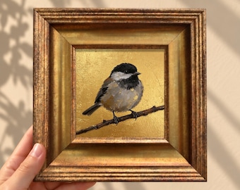 Black-Capped Chickadee Painting, Hand-Painted Oil Painting, Gold Background