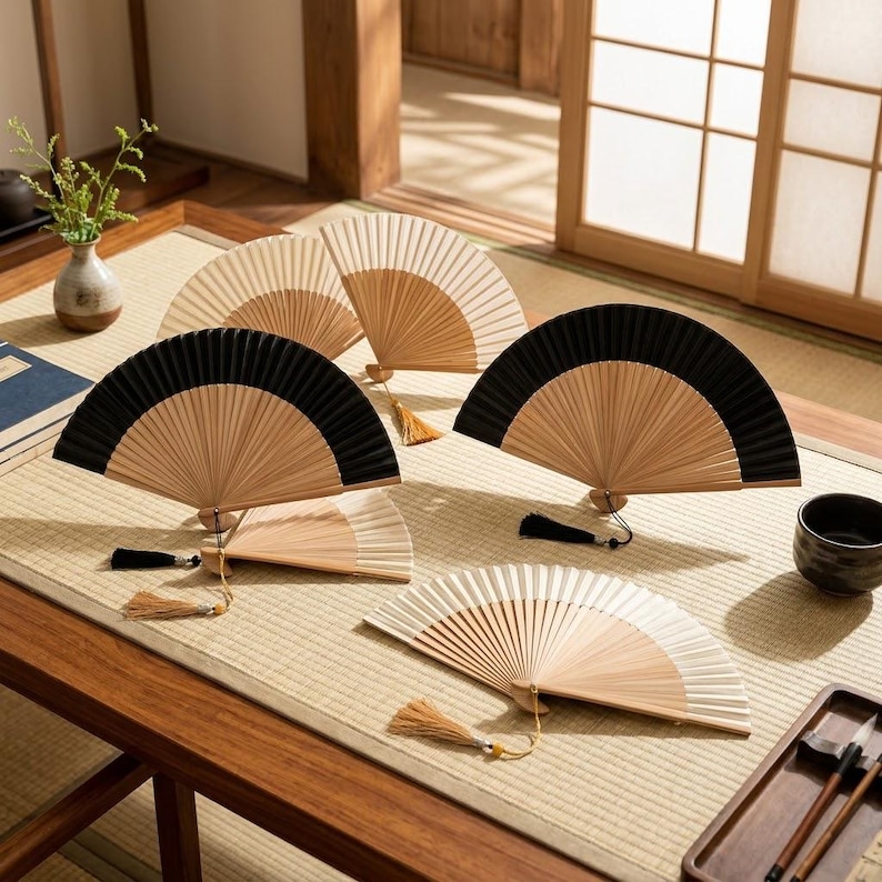 Japanese Bamboo Folding Fan, Black Hand Fan With Tassel, Traditional ...