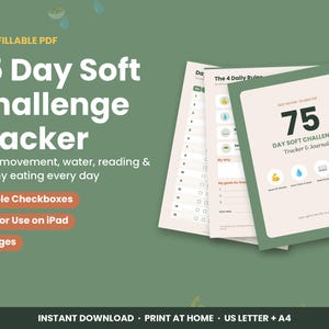 Puede incluir: Un conjunto de 10 páginas PDF rellenables para el seguimiento del 75 Day Soft Challenge. El documento incluye casillas de verificación para registrar el ejercicio diario, la hidratación, la lectura y la alimentación, para uso digital o en papel A4.