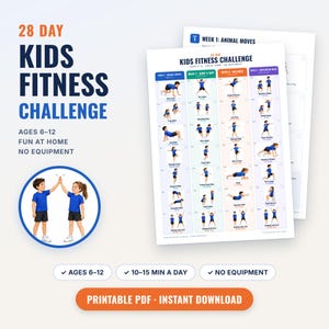 Kids Exercise Chart Printable, 28 Day Kids Fitness Challenge PDF, Animal Moves and Brain Break Activities, Homeschool PE Poster