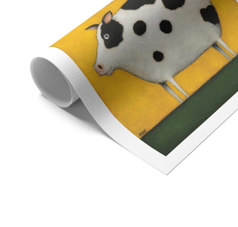 Whimsical Cow Art Print, Black and White Farm Animal Painting, Yellow ...