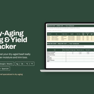 May include: A digital Dry-Aging Log & Yield Tracker spreadsheet displayed on a laptop screen against a dark green background. The interface includes tables for tracking beef aging, moisture loss, and trim loss in Excel and Google Sheets.