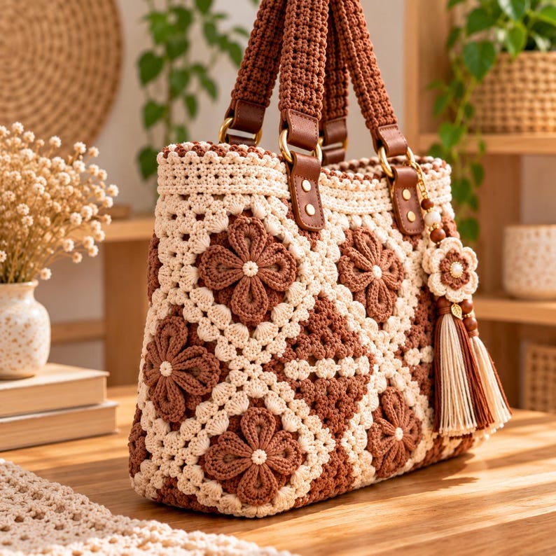 Crochet Floral Tote Bag Pattern PDF, 3D Flower Granny Square Handbag ...