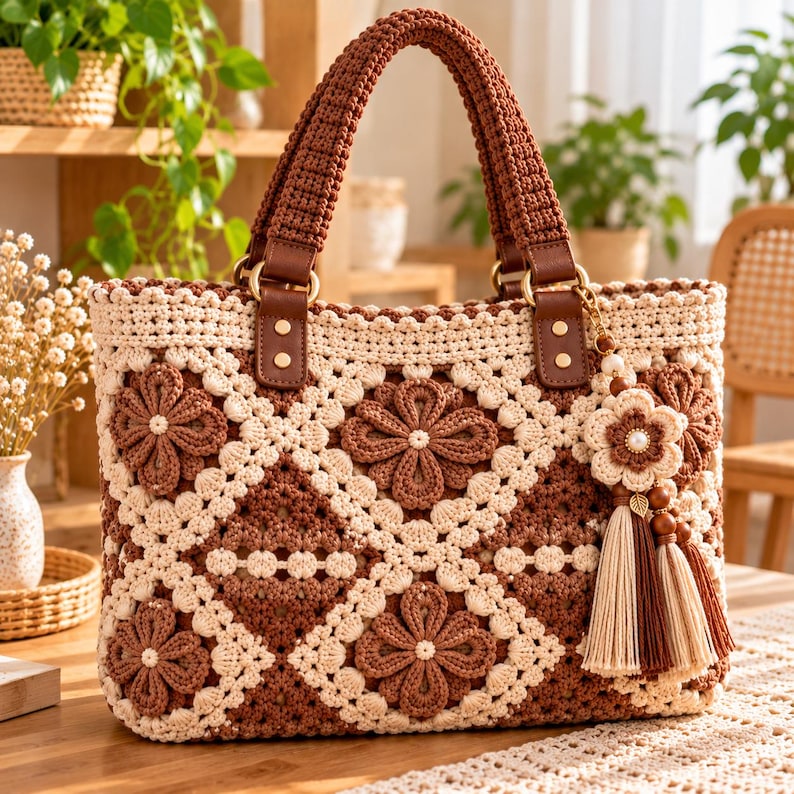 Crochet Floral Tote Bag Pattern PDF, 3D Flower Granny Square Handbag ...