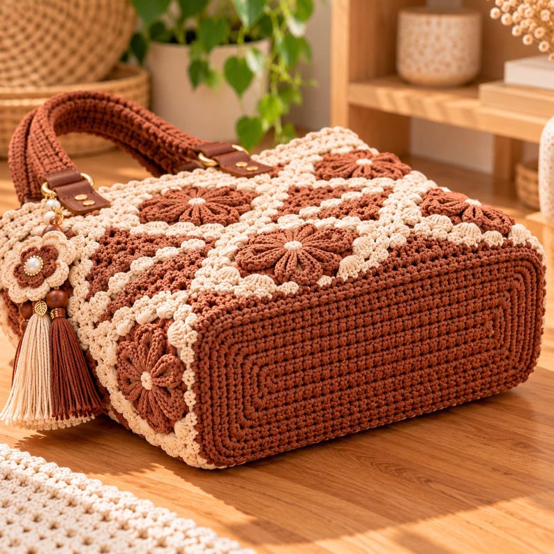 Crochet Floral Tote Bag Pattern PDF, 3D Flower Granny Square Handbag ...