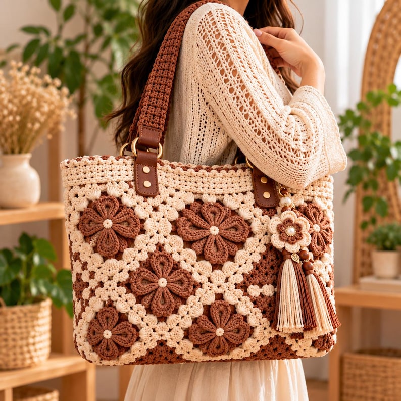 Crochet Floral Tote Bag Pattern PDF, 3D Flower Granny Square Handbag ...
