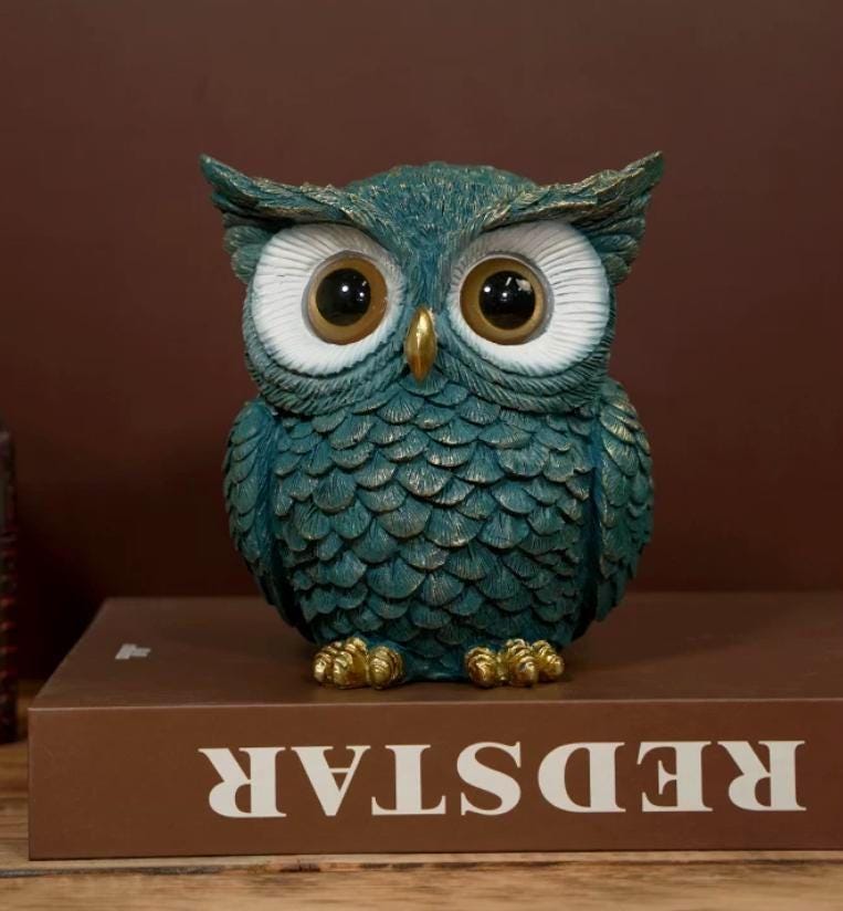 Teal Resin Owl Figurine with Gold Details, Vintage Bookshelf Decor for Home or Office