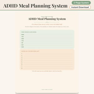 ADHD Meal Planning Printable, Simple Weekly Meal Planner and Grocery List System