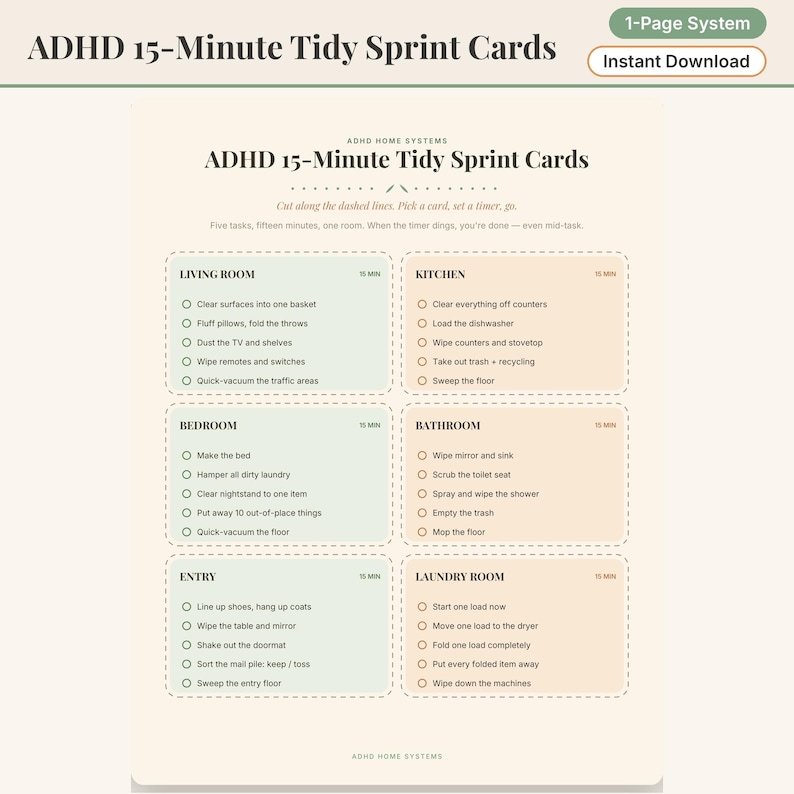 ADHD 15 Minute Tidy Sprint Cards Printable, Room Reset Flashcards With ...