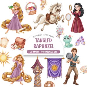 May include: A digital clipart bundle featuring characters and icons from the story of Rapunzel, including a long-haired figure, a white horse, a chameleon, a tower, a frying pan, a sun emblem, and various accessories like mirrors and a basket.