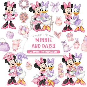 Pode incluir: Um pacote de imagens digitais com a Minnie Mouse e a Margarida em várias poses, acompanhadas por acessórios como balões, chávenas, uma coroa de flores, um ramo, presentes, um bolo e macarons. O texto central diz Minnie and Daisy.