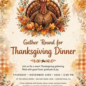 Uitnodiging voor het Thanksgiving-diner: bewerkbare Canva-sjabloon, rustieke herfstkalkoen in aquarel, printbaar