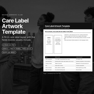 Puede incluir: Una plantilla digital de diseño para etiquetas de cuidado en formato PDF A4 de 2 páginas. El documento incluye un diseño de etiqueta de 30 mm de ancho, especificaciones técnicas para la composición de fibras e instrucciones de lavado.