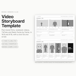 May include: A digital video storyboard template featuring a 17-page fillable PDF, editable PowerPoint, and worked example deck. The layout displays frames for 16:9 and 9:16 aspect ratios, including space for shot lists and scripts.