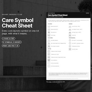 May include: A black and white A4 PDF document titled Care Symbol Cheat Sheet, featuring a comprehensive guide to laundry care symbols. The page lists twenty-one icons categorized into washing, bleaching, drying, ironing, and professional care groups.