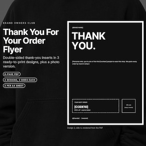 May include: A black and white digital flyer template for e-commerce orders. The text reads BRAND OWNERS CLUB, Thank You For Your Order Flyer, THANK YOU, and includes placeholders for a personal note, a discount code, and a QR code.
