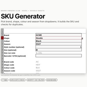 SKU-generator spreadsheet voor kledingmerken, dropdownmenu met ingebouwde stijl- en maatcodes, controle op duplicaten, product CSV-export