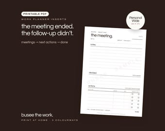 Personal Wide Work Planner Inserts, Meetings & Follow-Ups, Printable PDF | BUSEE The Work