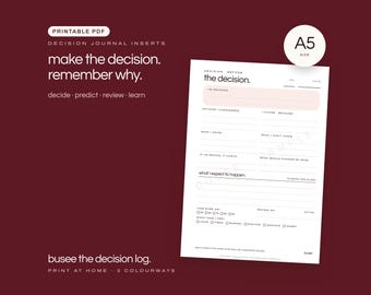 A5サイズ意思決定ジャーナル挿入用紙、印刷可能なPDF、アジェンダ対応 | BUSEE 意思決定ログ