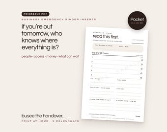 ポケットビジネス緊急バインダー挿入物、印刷可能なPDF | BUSEE The Handover