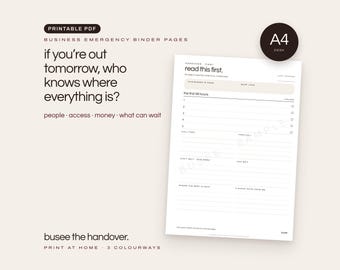 A4ビジネス緊急バインダー、印刷可能なPDF | BUSEE The Handover